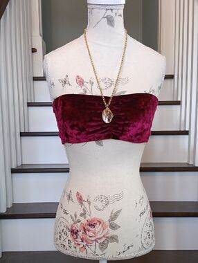 & Forever 21 Wine Red Velvet Crop Bandeau Tube Top with open weave back